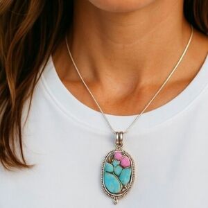 Silver Pendant Necklace with Blue and Pink Stone